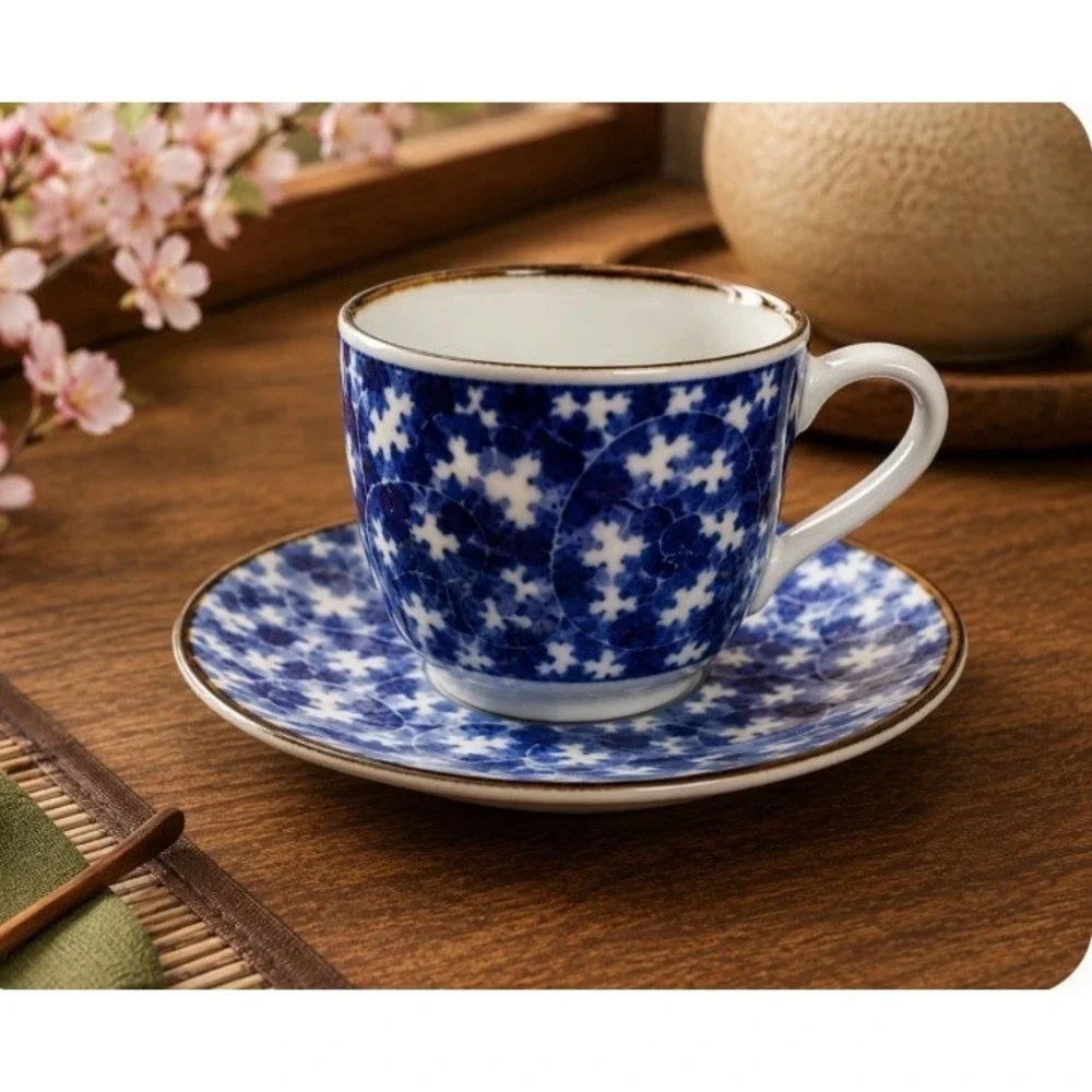 Japanese Blue And White Porcelain Tea Cup Saucer Set, Arita Style Floral 4